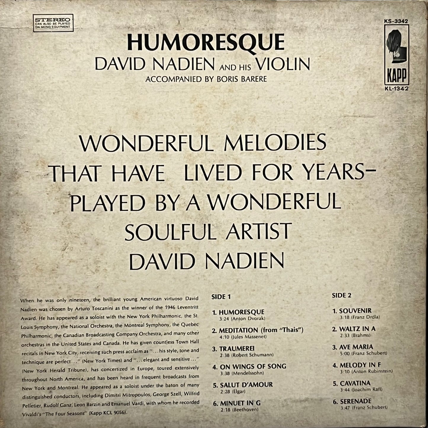 David Nadien And His Violin - Humoresque - Five Flags Records