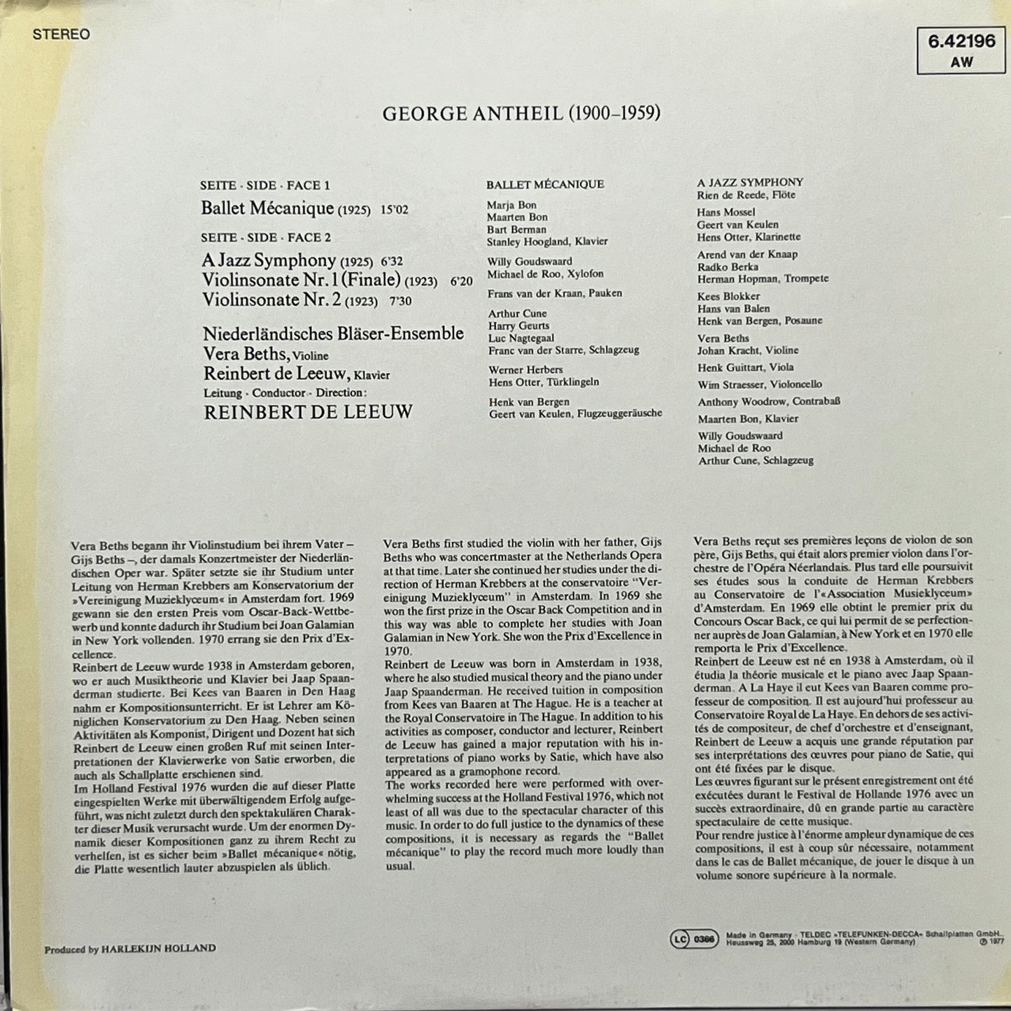 George Antheil - Vera Beths, Reinbert de Leeuw, Niederländisches Bläser-Ensemble – Ballet Mécanique, A Jazz Symphony, Violin Sonatas No. 1 & 2 - Five Flags Records